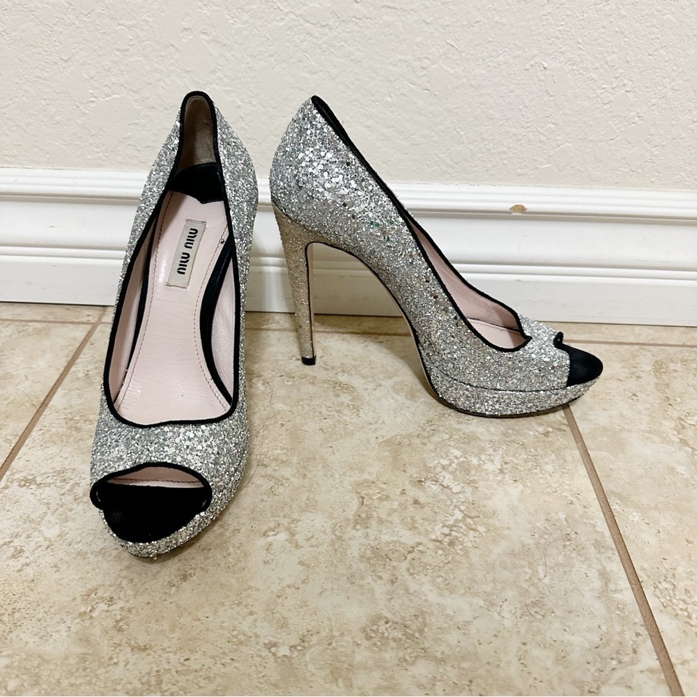 Authentic Miu Miu Silver Sequined High Heels Size… - image 1